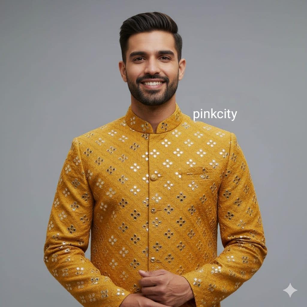 Men’s Yellow Sherwani | Mirror Work Wedding Sherwani for Groom | Indian Ethnic Wear | Festive Set - image 2