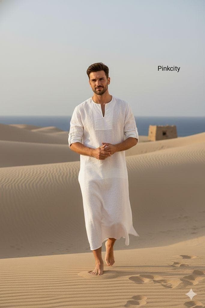 Men's White Linen Kaftan, Minimalist Summer Thobe, Beach Resort Arabic Tunic Eid Outfit - image 3
