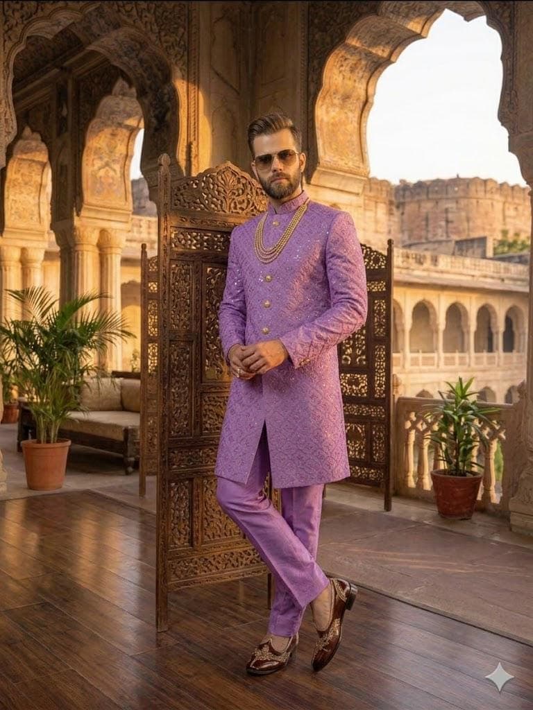 Men’s Purple Mirror Work Sherwani, Indian Wedding Groom Outfit, Indo Western Sherwani for Men - image 4