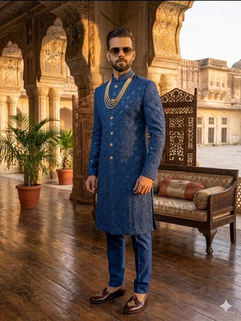 Men’s Blue Mirror Work Sherwani, Indian Wedding Groom Outfit, Indo Western Sherwani Men Ethnic