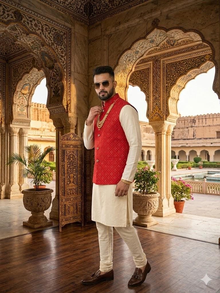 Men’s Red Nehru Jacket, Indian Wedding Waistcoat, Ethnic Jacket for Men, Festive , Groom Outfit - image 4