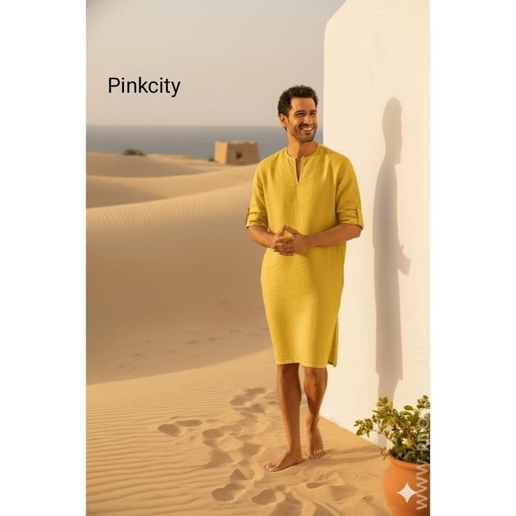 Men's Yellow Linen Kaftan, Minimalist Summer Thobe, Beach Resort Arabic Tunic Eid Outfit