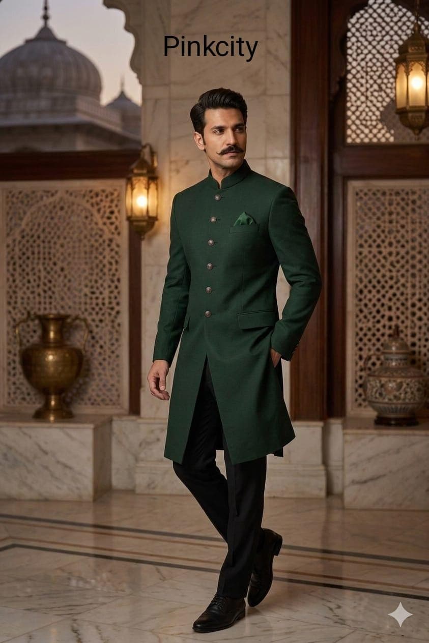 Men's Dark Green Sherwani | Royal Ethnic Wedding Groom Wear Bandhgala Coat - image 3