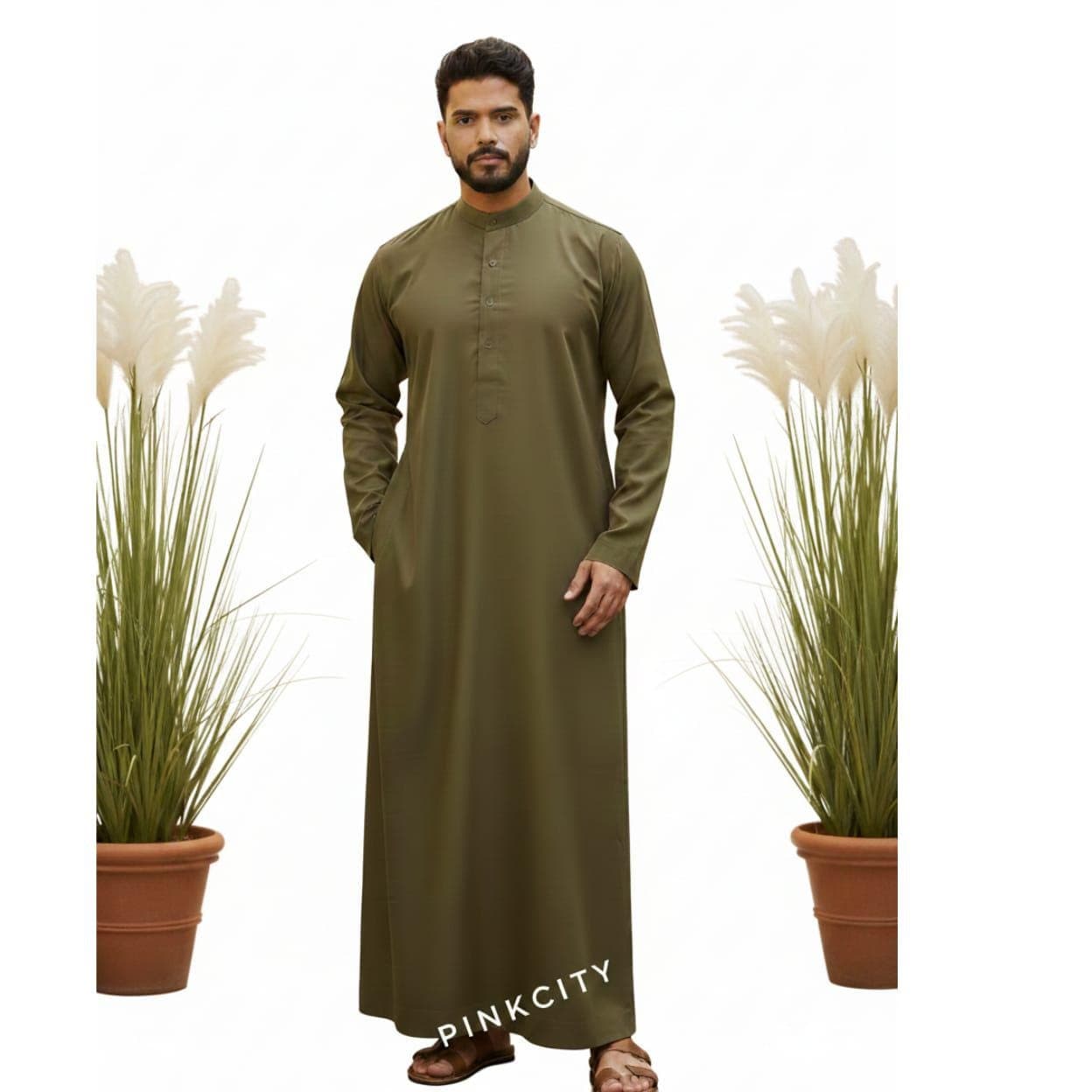 Men's Olive Green Thobe | Modest Islamic Jubba, Arabic Thawb for Eid Ramadan