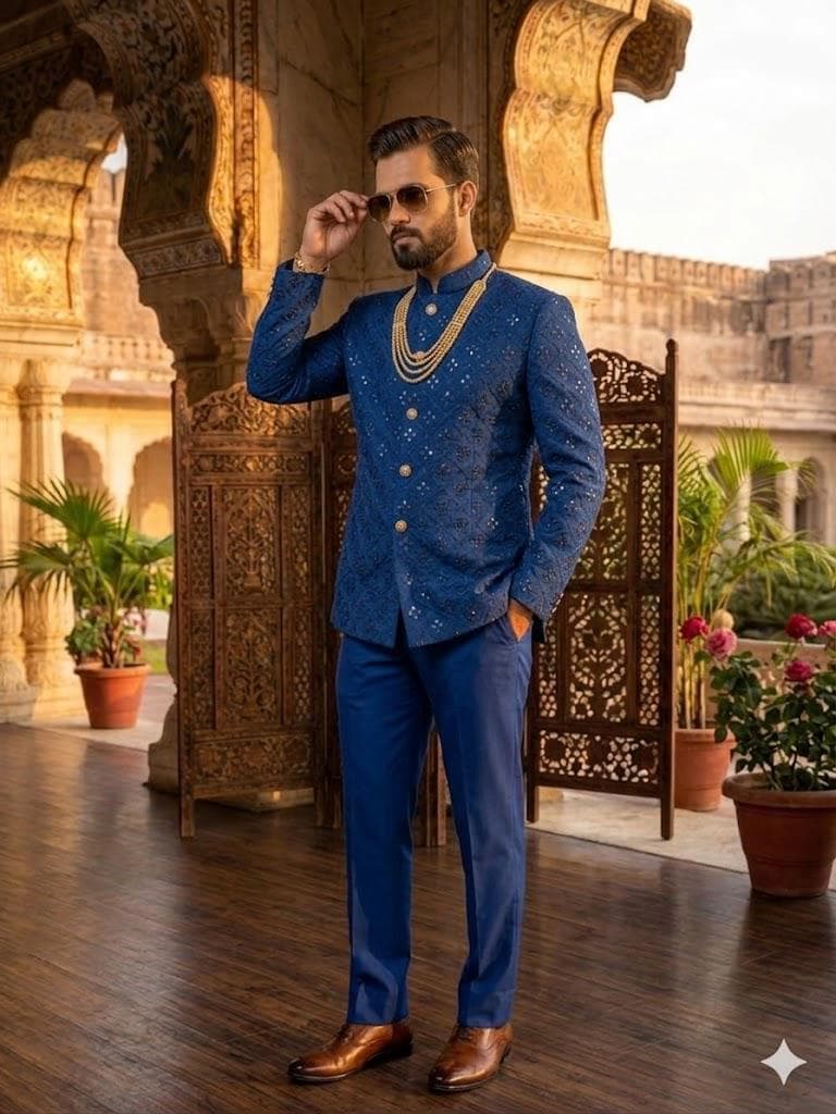 Men’s Blue Jodhpuri Suit, Bandhgala Suit for Wedding, Indian Groom Outfit, Indo Western Men