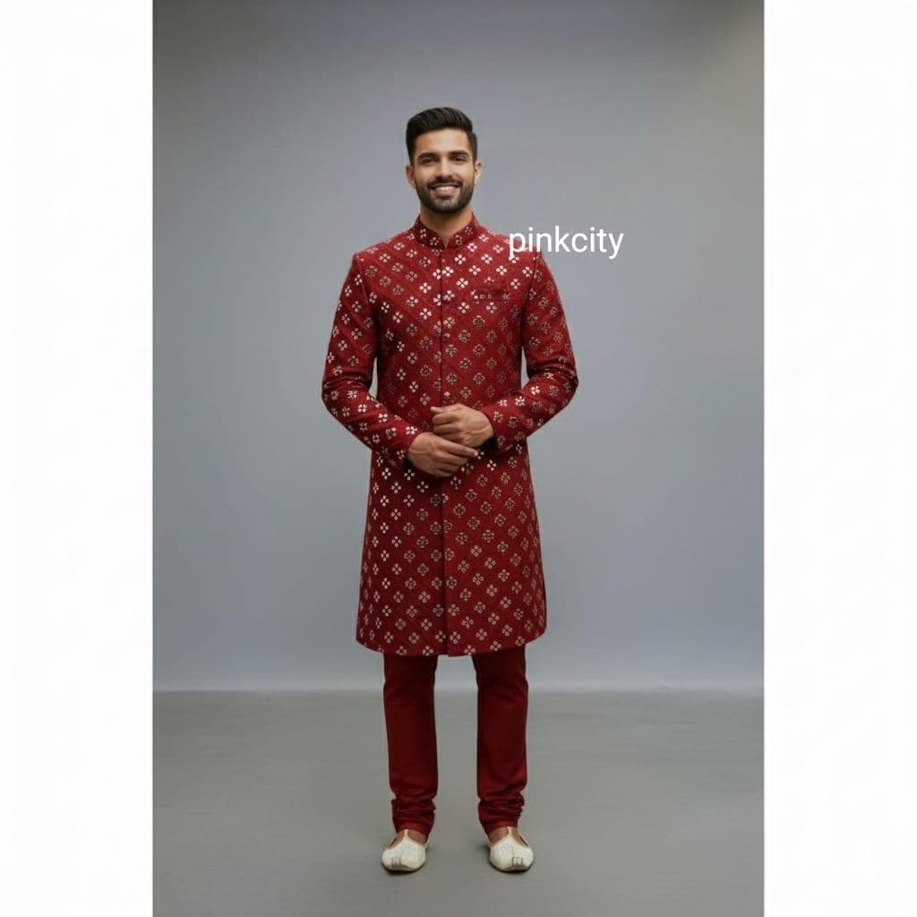 Men’s Red Mirror Work Sherwani | Indian Wedding Sherwani Groom | Ethnic Outfit | Festive Wear