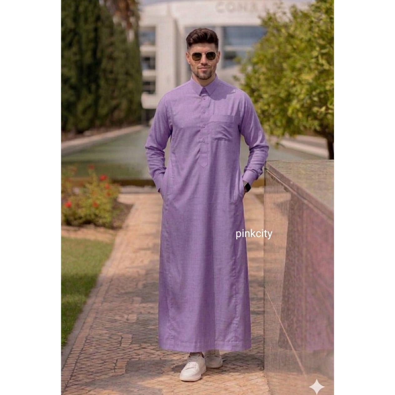 Mens Lavender Thobe Kaftan | Islamic Jubba Men | Long Kurta Robe | Arabic Dishdasha | Summer Thobe