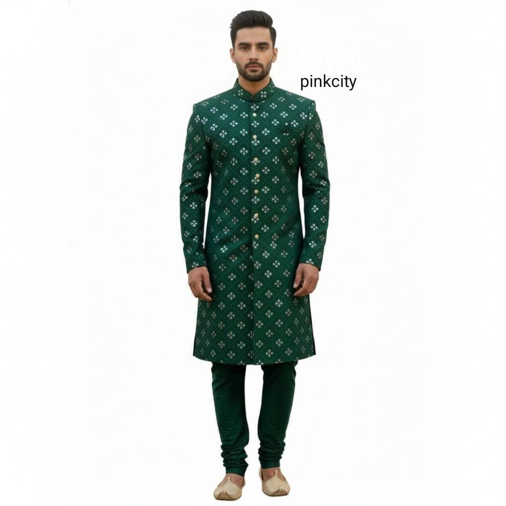 Men’s Green Mirror Work Sherwani | Indian Wedding Outfit for Groom | Designer Sherwani Set | Festive