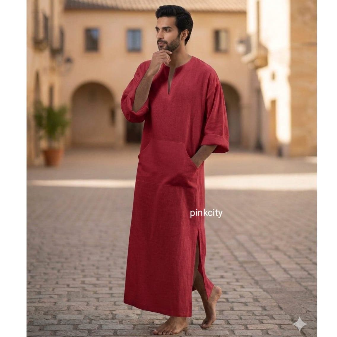 Men's Red Linen Kaftan Thobe, Arabic Jubba Robe, Islamic Modest Wear