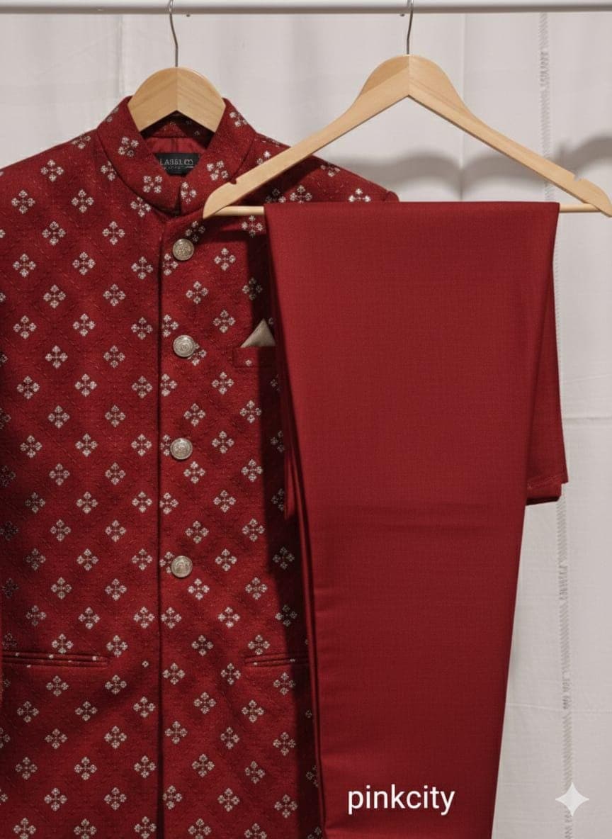 Mahroon Embroidered Sherwani Suit | Sequin Mirror Work Bandhgala Men's Festive Wear - image 3