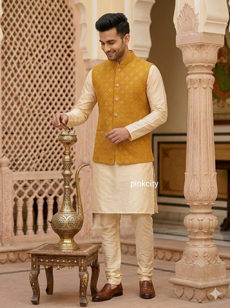 Men’s Yellow Mirror Work Nehru Jacket – Haldi Ceremony for Groom – Wedding Wear – Festive Jacket - image 4