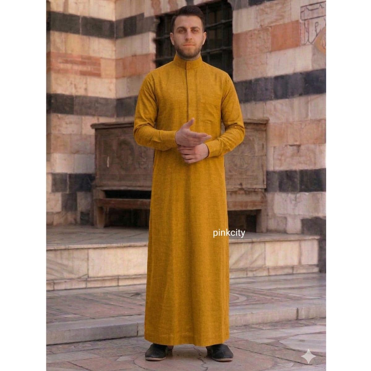 Men Mustard Thobe Jubba, Islamic for Men, Muslim Prayer , Ramadan Eid Outfit, Modest Wear