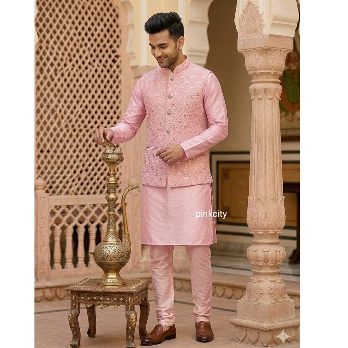 Pastel Pink Sherwani Set | Indian Wedding Groom Ethnic Wear Royal Traditional Menswear