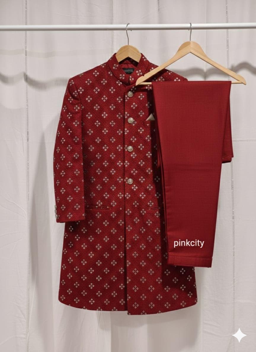 Mahroon Embroidered Sherwani Suit | Sequin Mirror Work Bandhgala Men's Festive Wear