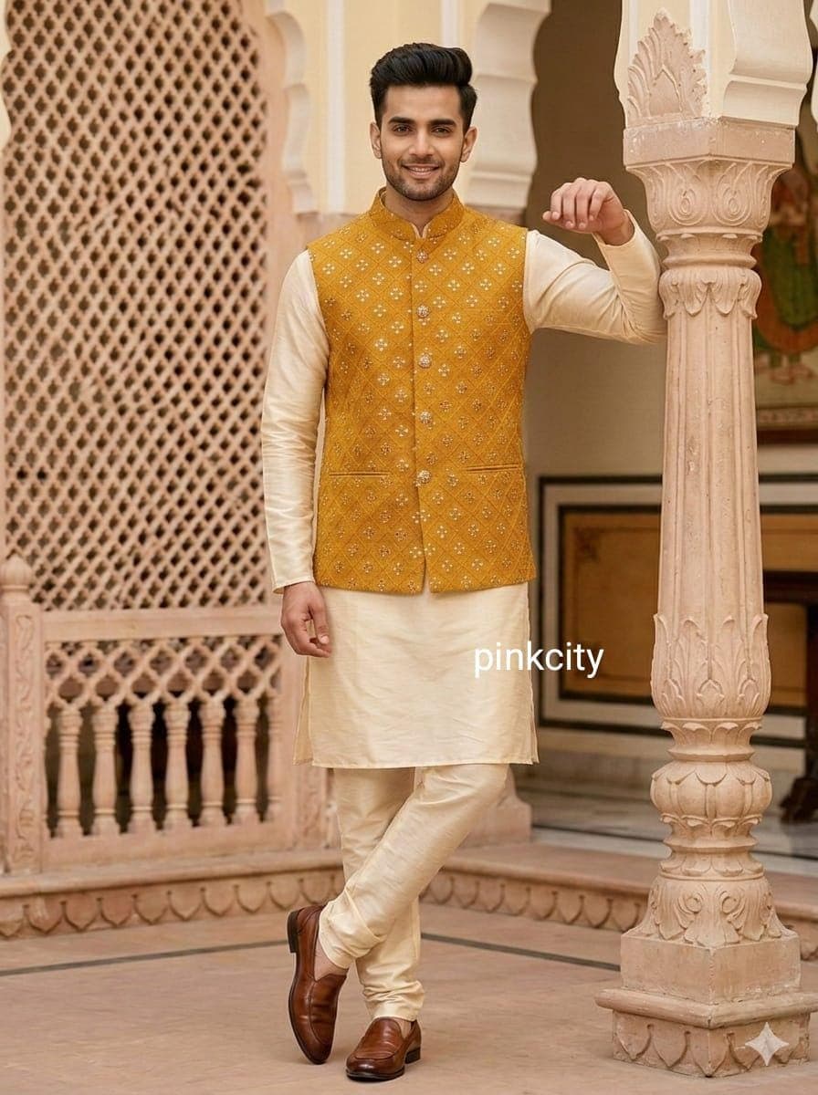 Men’s Yellow Mirror Work Nehru Jacket – Haldi Ceremony for Groom – Wedding Wear – Festive Jacket