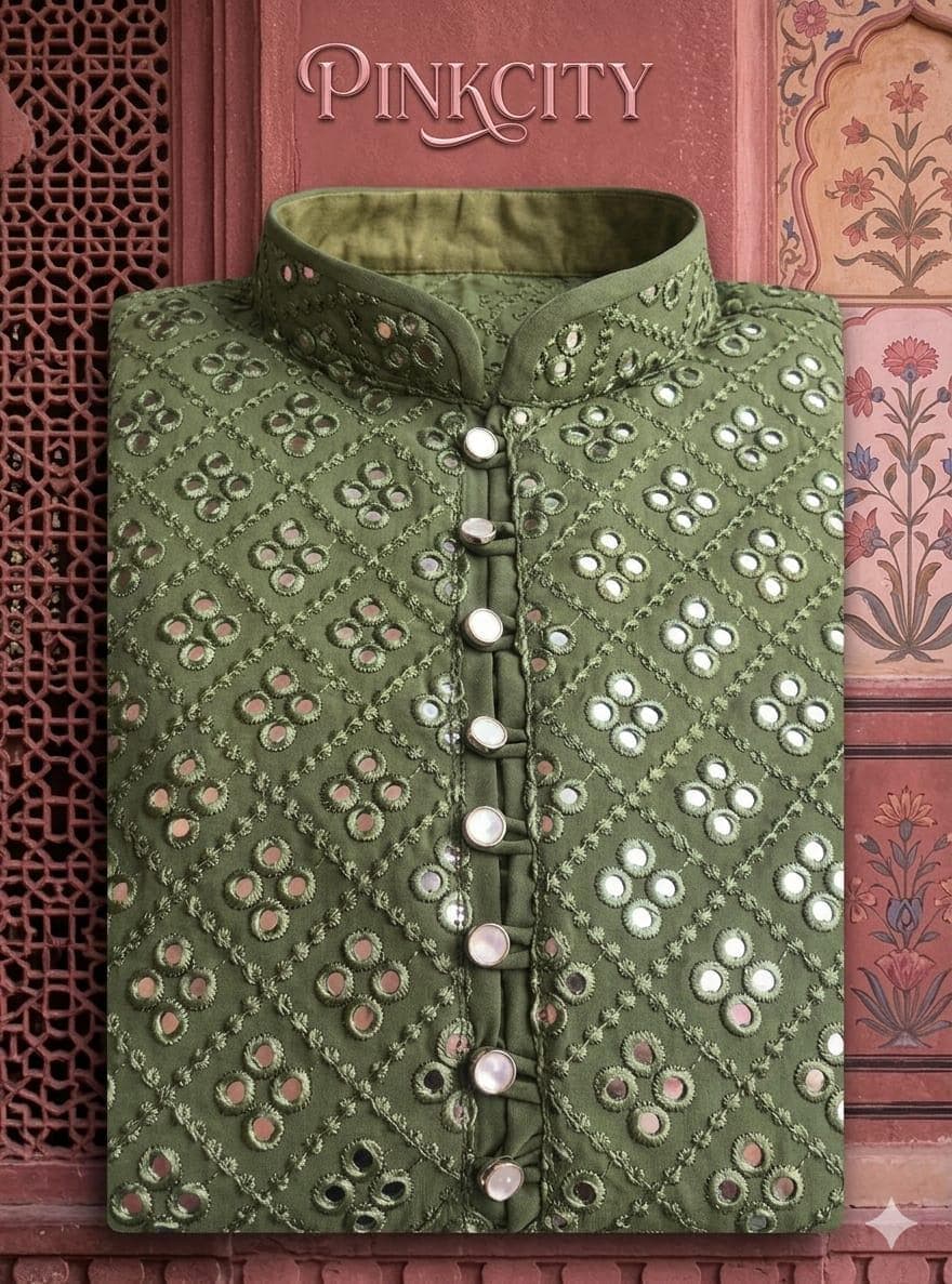 Men's Olive Green Mirror Work Nehru Jacket, Embroidered Modi Waistcoat, Ethnic Festive Wear