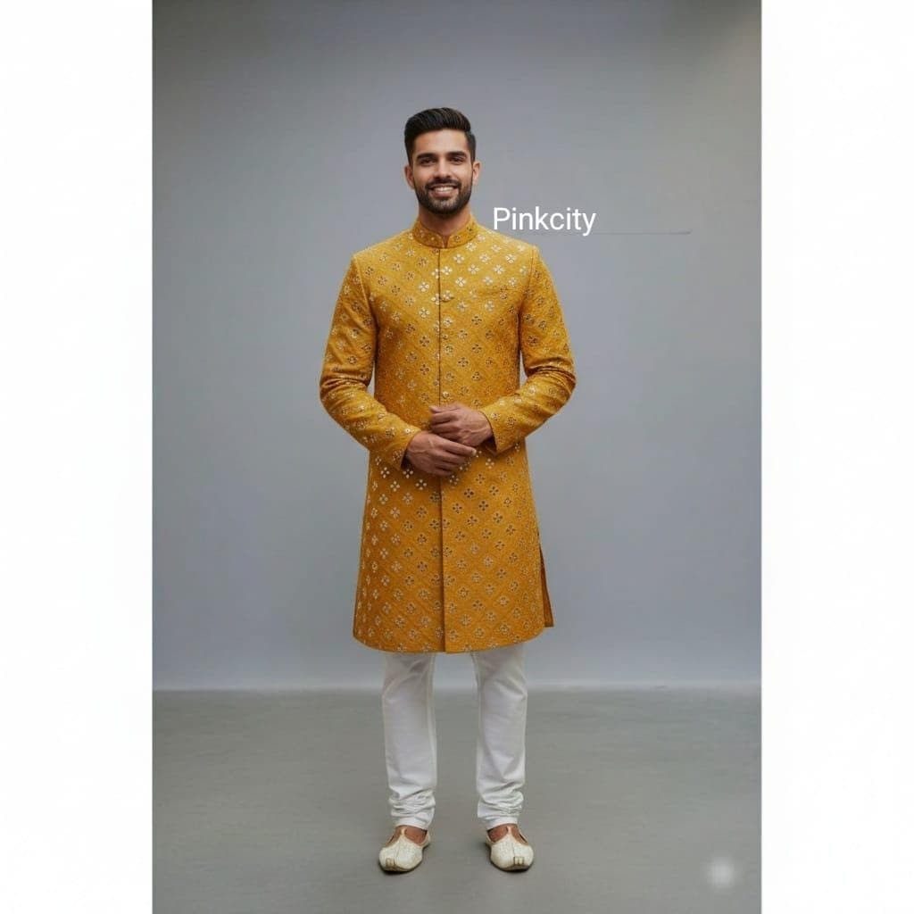 Men’s Yellow Sherwani | Mirror Work Wedding Sherwani for Groom | Indian Ethnic Wear | Festive Set