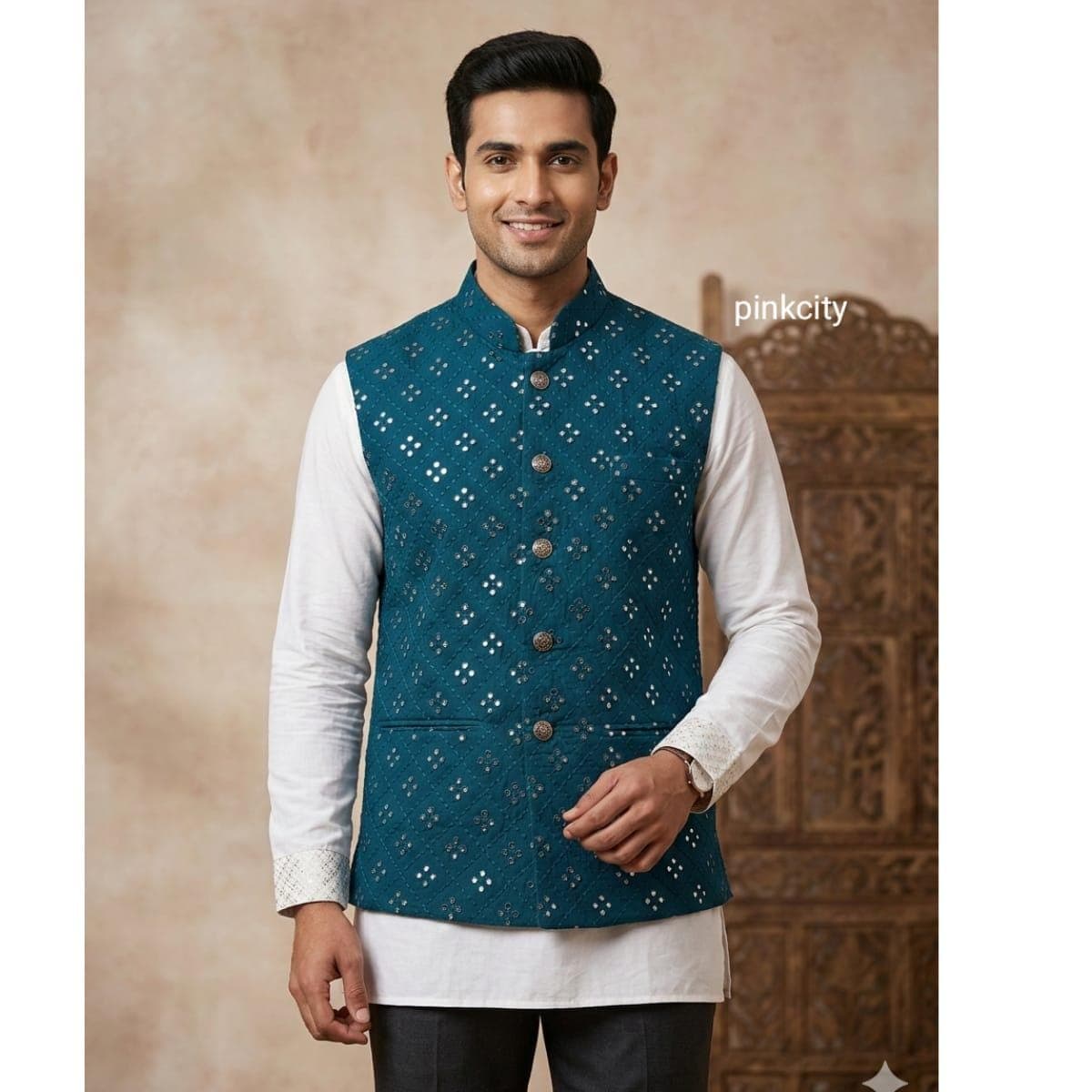 Men’s Teal Bandhani Nehru Jacket, Ethnic Waistcoat, Wedding Festive Kurta Jacket - image 3