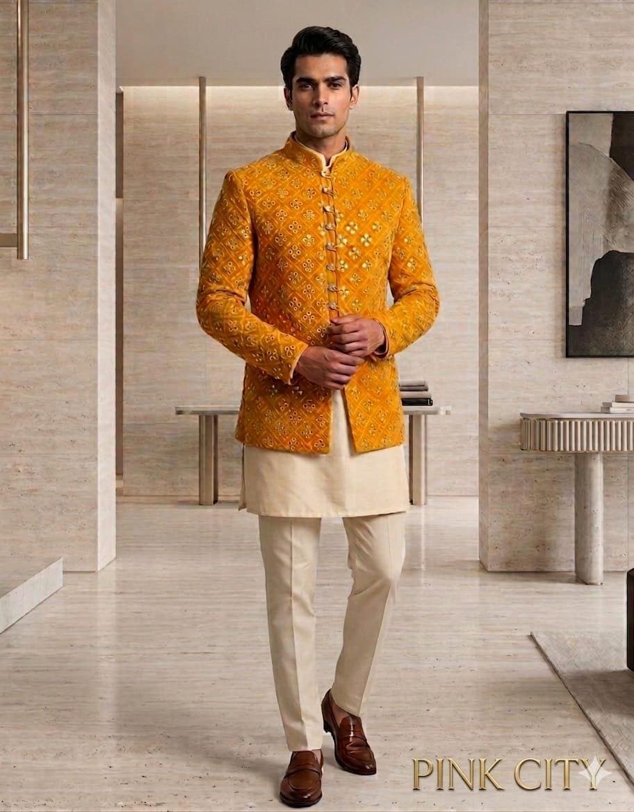 Men's Mustard Yellow Mirror Work Sherwani, Indian Wedding Groom Outfit, Bandhgala Set