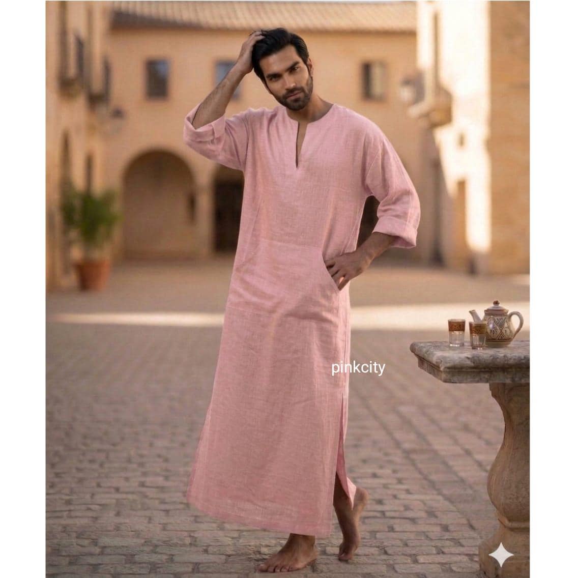 Men's Pink Linen Kaftan Thobe, Arabic Jubba, Islamic Modest Prayer Robe