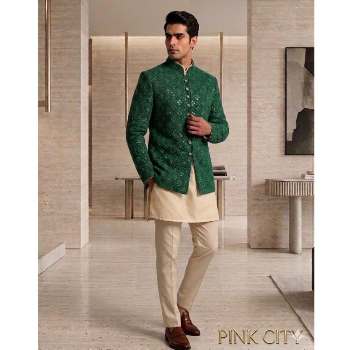 Green Indo Western Sherwani Set, Men's Wedding Ethnic Bandhgala Kurta Pajama, Groom Wear Outfit - image 3