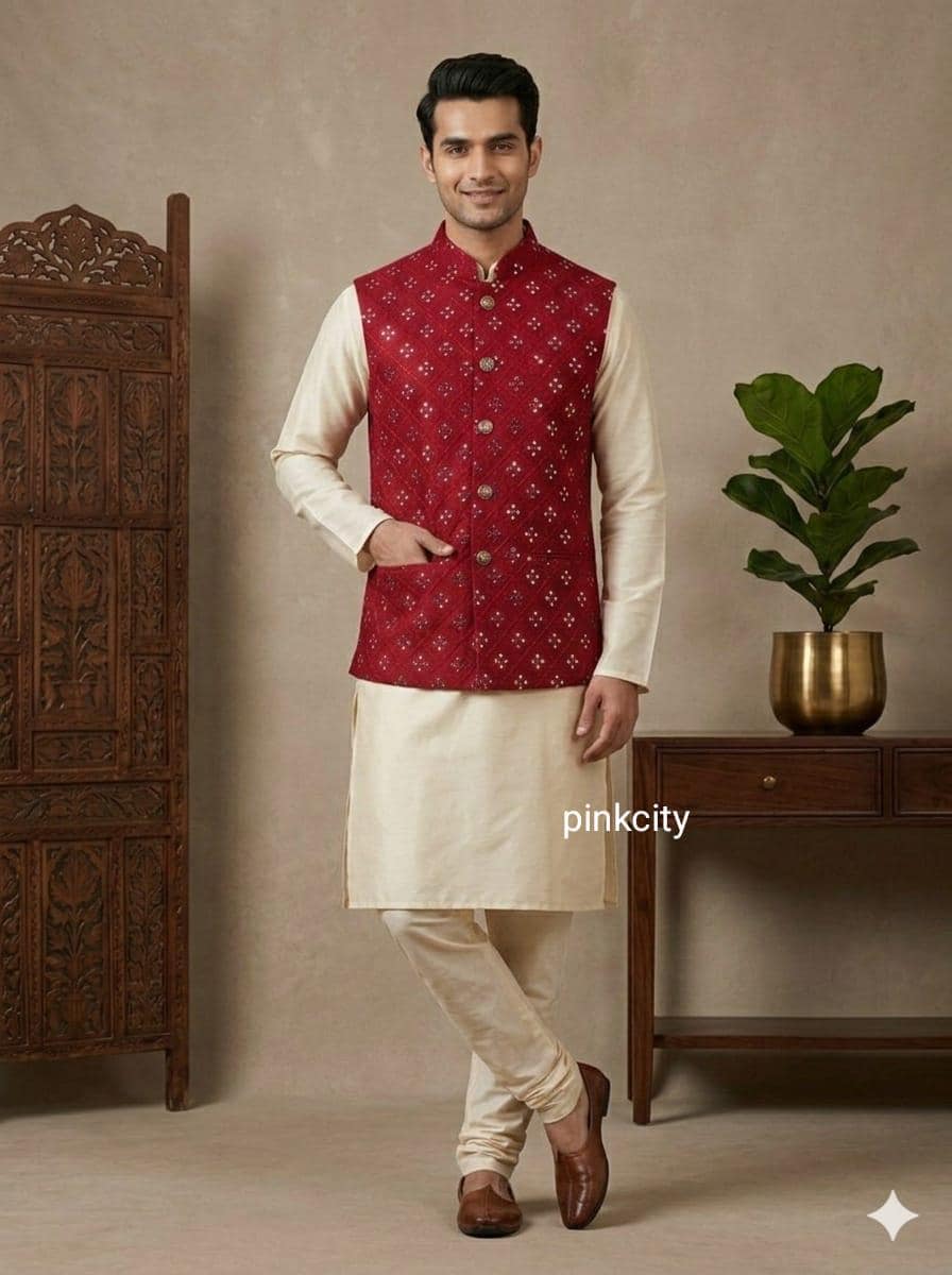 Men's Red Embroidered Nehru Jacket Kurta Set, Cream Pajama, Wedding Groom Ethnic Wear - image 3