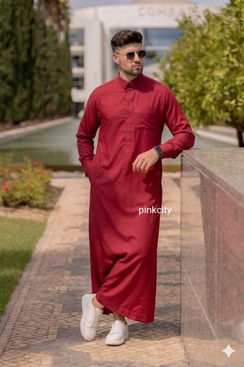 Mens Red Thobe Kaftan | Luxury Islamic Jubba Men | Arab Dishdasha | Muslim Wear | Wedding Thobe - image 3