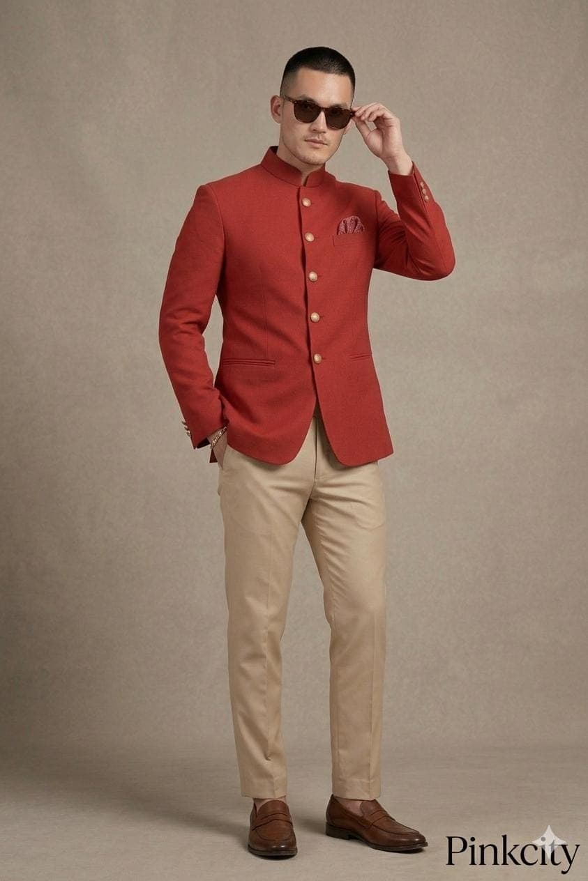 Men's Red Jodhpuri Suit | Bandhgala Wedding Groom Indian Ethnic Wear Jacket Set - image 3