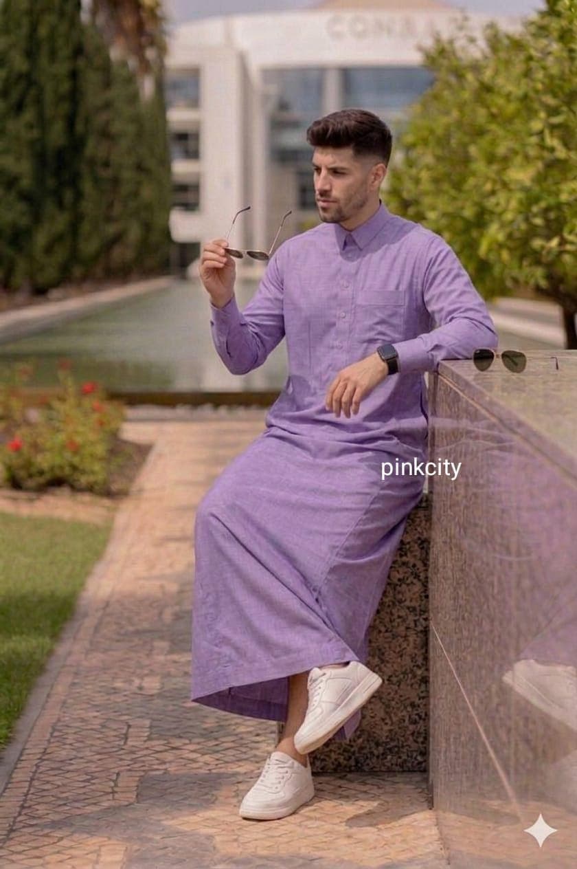 Mens Lavender Thobe Kaftan | Islamic Jubba Men | Long Kurta Robe | Arabic Dishdasha | Summer Thobe - image 3