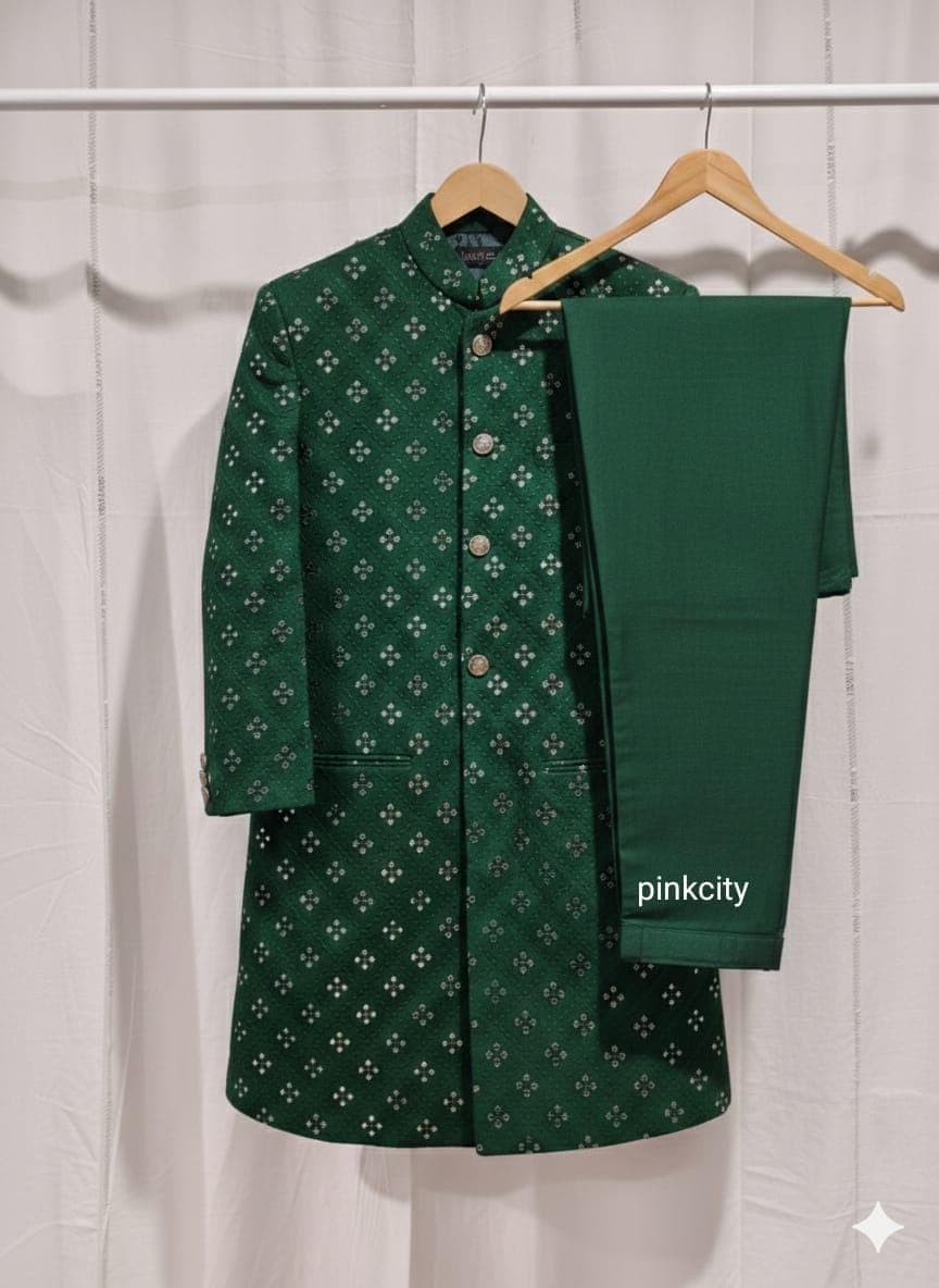 Luxury Emerald Green Embroidered Men’s Sherwani Kurta | Mirror Work Indo-Western Sherwani | Wedding - image 4