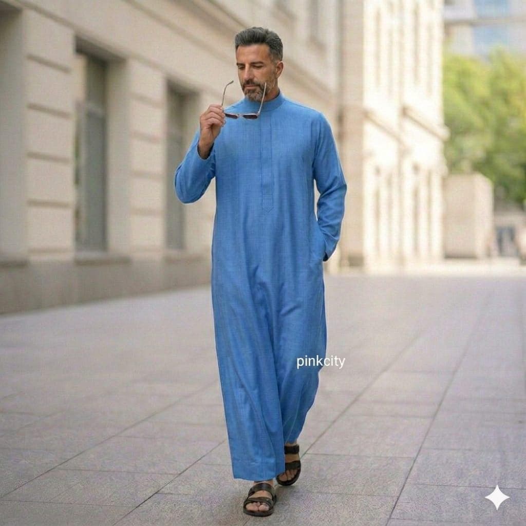 Sky Blue Cotton Thobe – Modern Emirati Style Jubba, Saudi Dishdasha