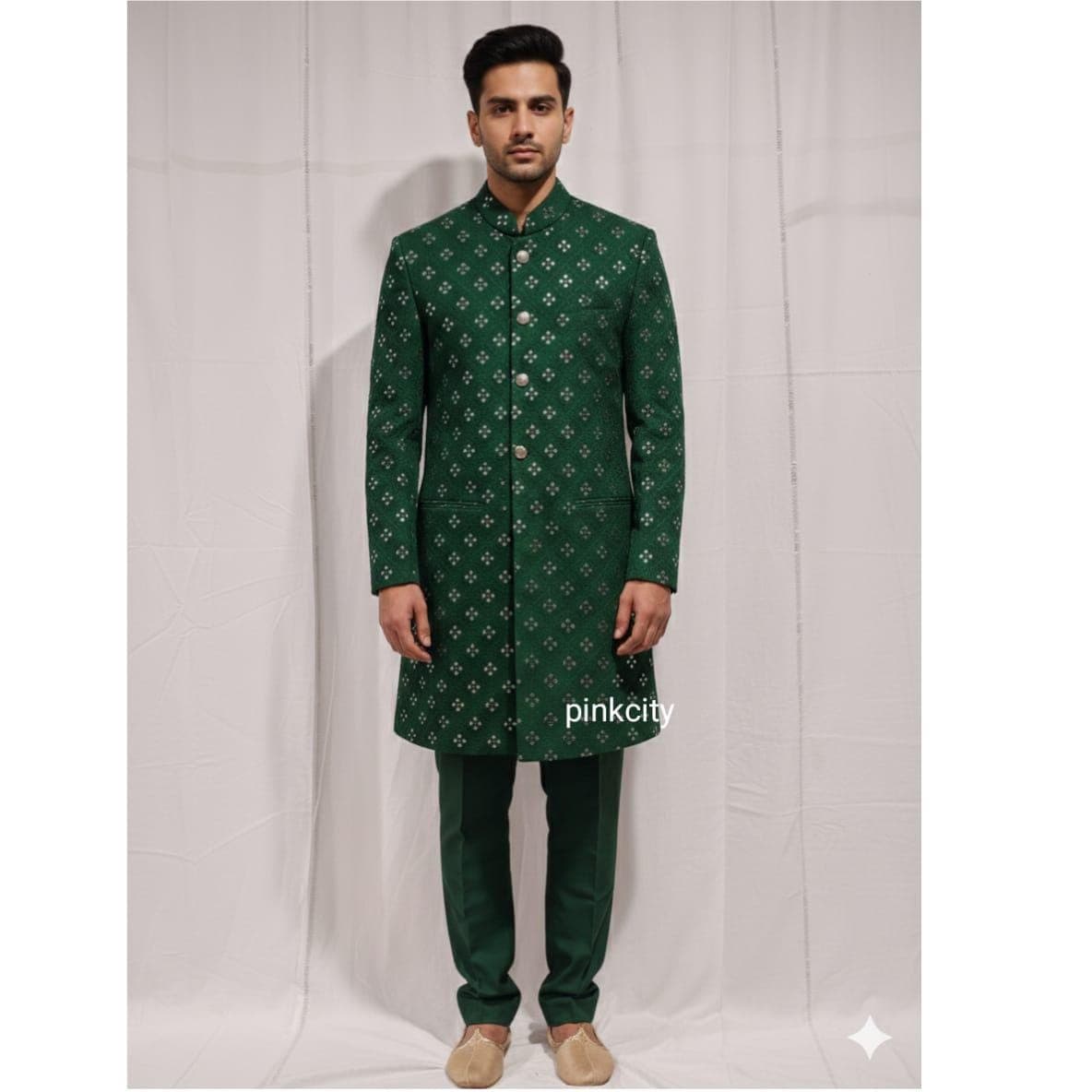 Luxury Emerald Green Embroidered Men’s Sherwani Kurta | Mirror Work Indo-Western Sherwani | Wedding