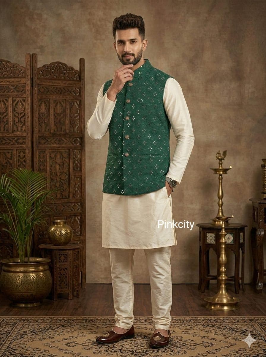 Green Mirror Work Nehru Jacket for Men | Festive Indian Wedding Waistcoat Groom Modi Vest