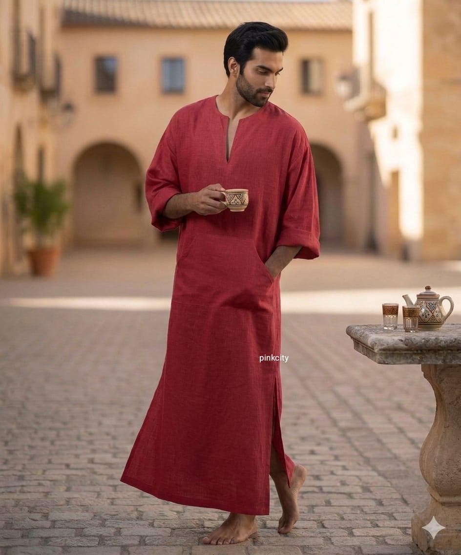 Men's Red Linen Kaftan Thobe, Arabic Jubba Robe, Islamic Modest Wear - image 3