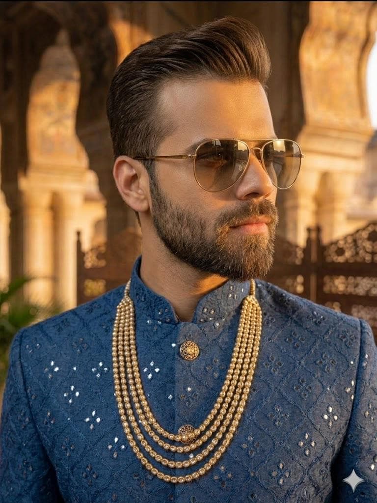 Men’s Blue Mirror Work Sherwani, Indian Wedding Groom Outfit, Indo Western Sherwani Men Ethnic - image 4