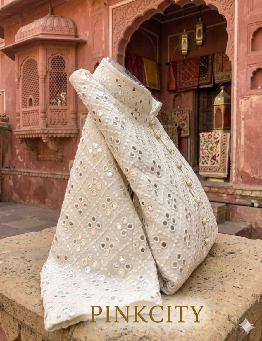 Ivory Mirror Work Sherwani for Men | Wedding Groom Ethnic Wear, Royal Style - image 3