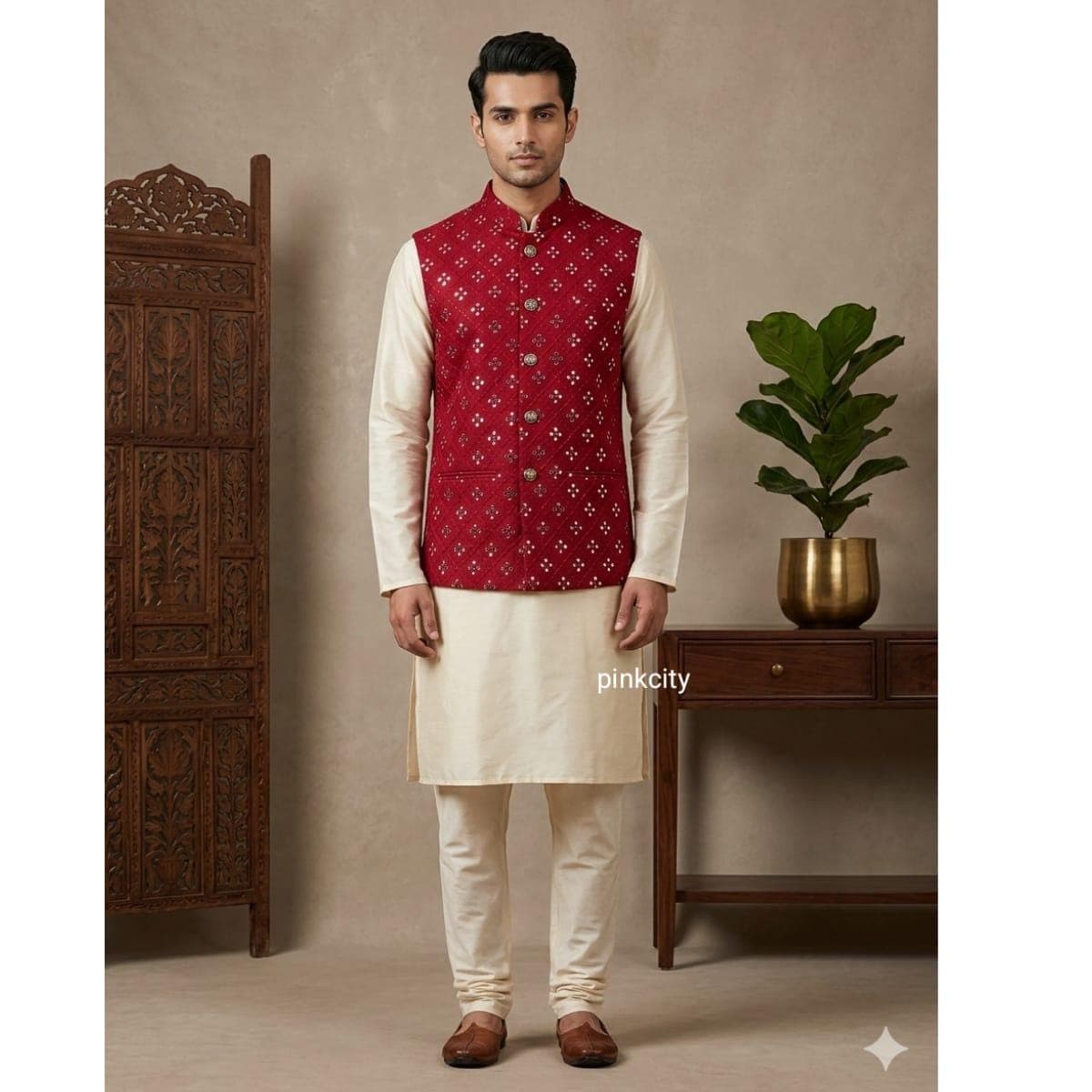 Men's Red Embroidered Nehru Jacket Kurta Set, Cream Pajama, Wedding Groom Ethnic Wear