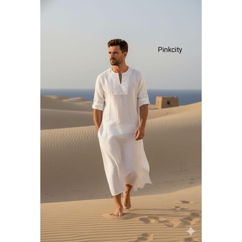 Men's White Linen Kaftan, Minimalist Summer Thobe, Beach Resort Arabic Tunic Eid Outfit