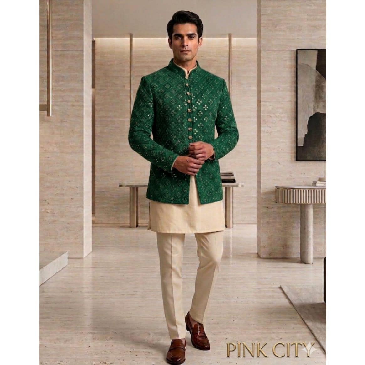 Green Indo Western Sherwani Set, Men's Wedding Ethnic Bandhgala Kurta Pajama, Groom Wear Outfit