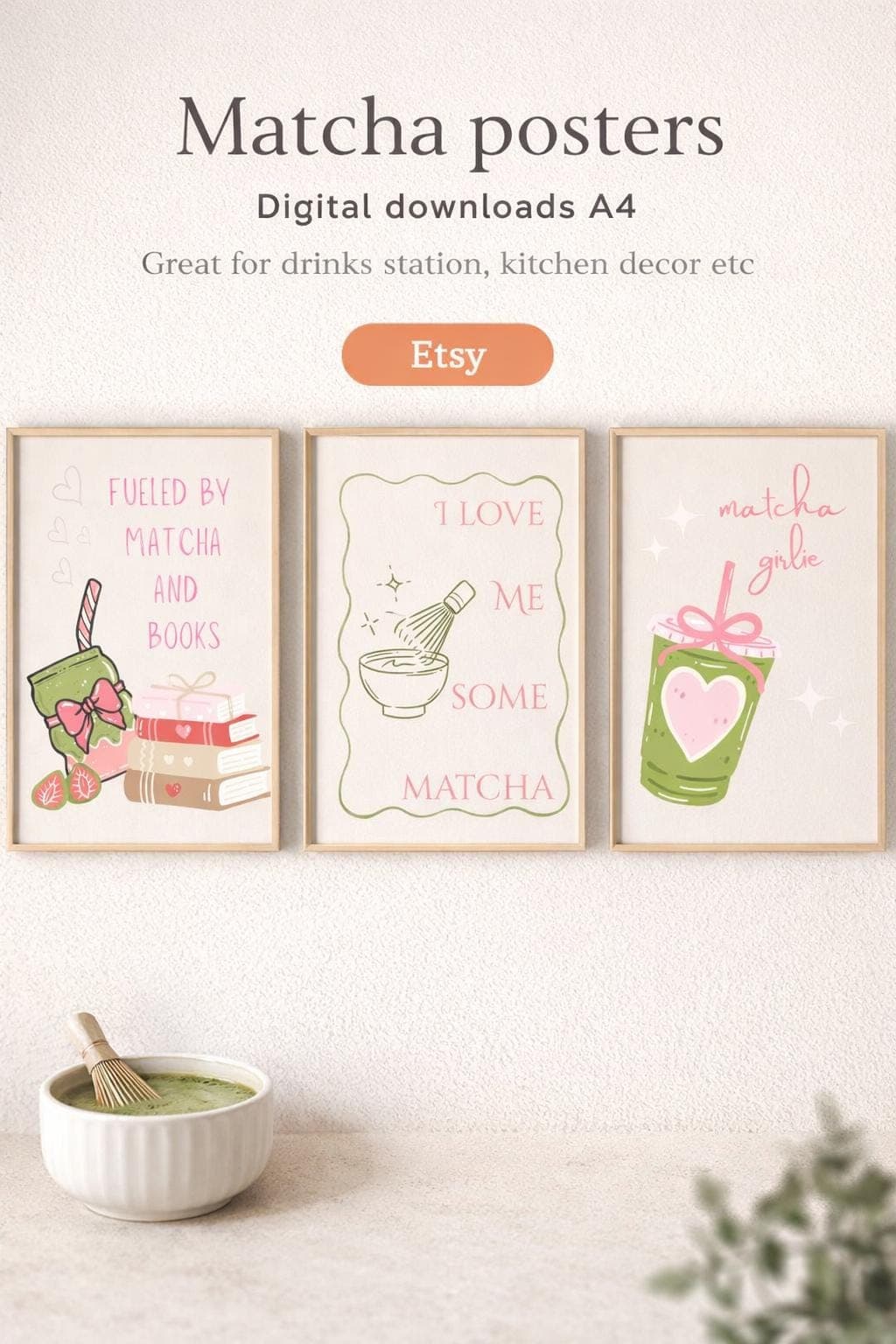 Matcha Wall Art Prints Set | Pink Green Kitchen Decor (Digital Download)