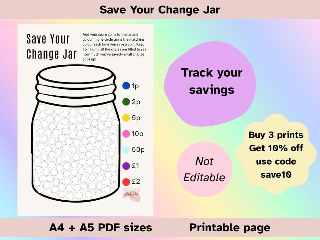 Change Jar Tracker | Colour and Save Coins | Savings Sheet (A4 Digital Download)