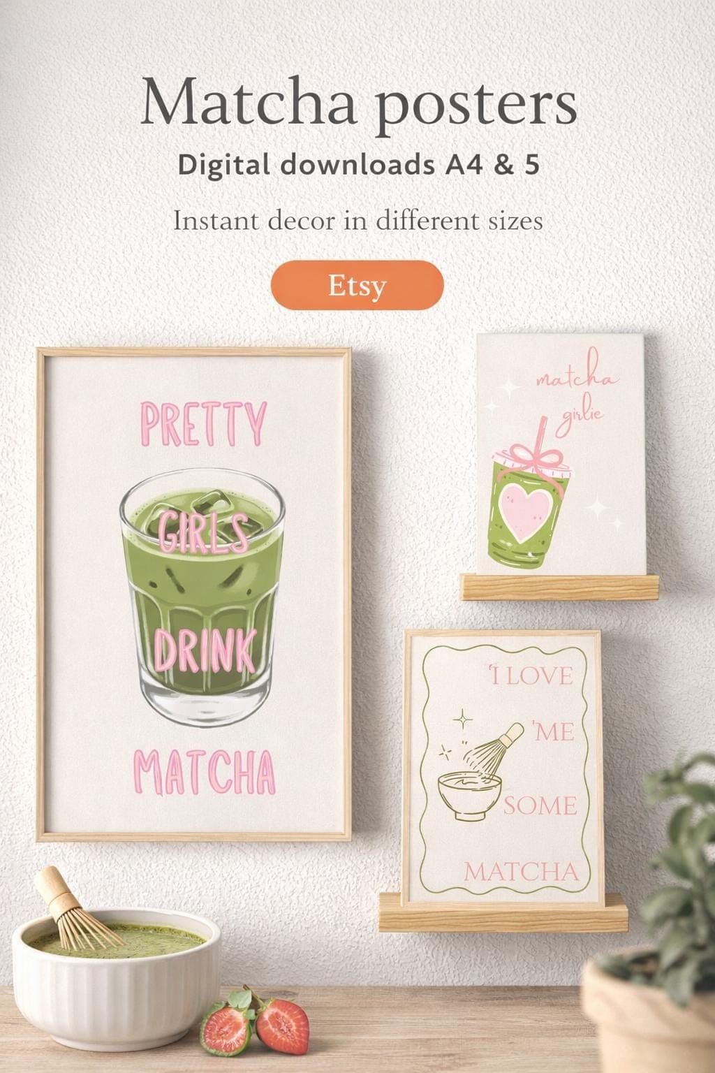 Matcha Wall Art Prints Set | Pink Green Kitchen Decor (Digital Download) - image 3