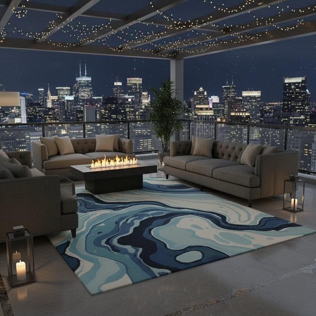 Modern Abstract Blue White Marble Area Rug, Contemporary Living Room Carpet - image 3