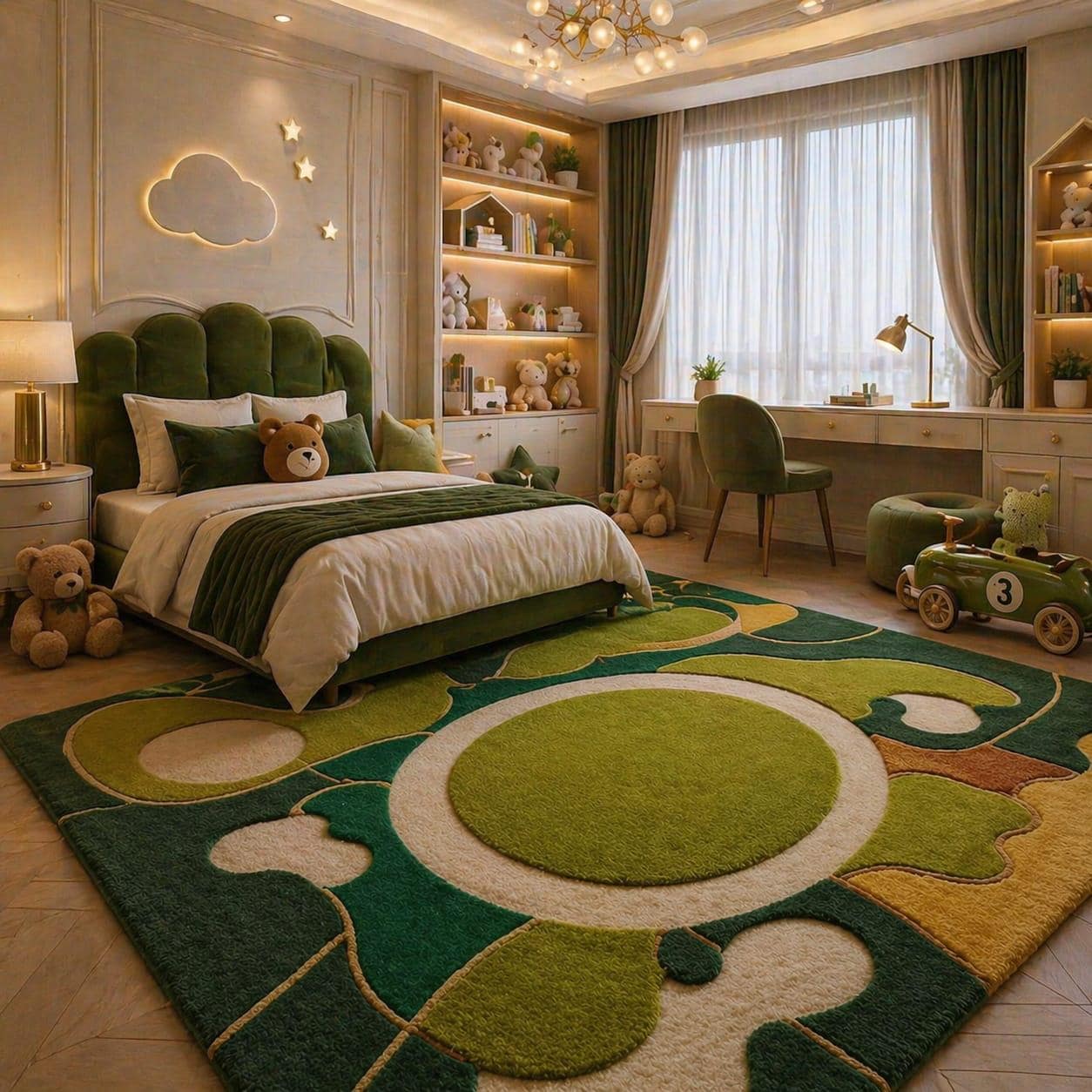Green Abstract Area Rug, Modern Organic Pattern Carpet, Large Living Room Floor Rug