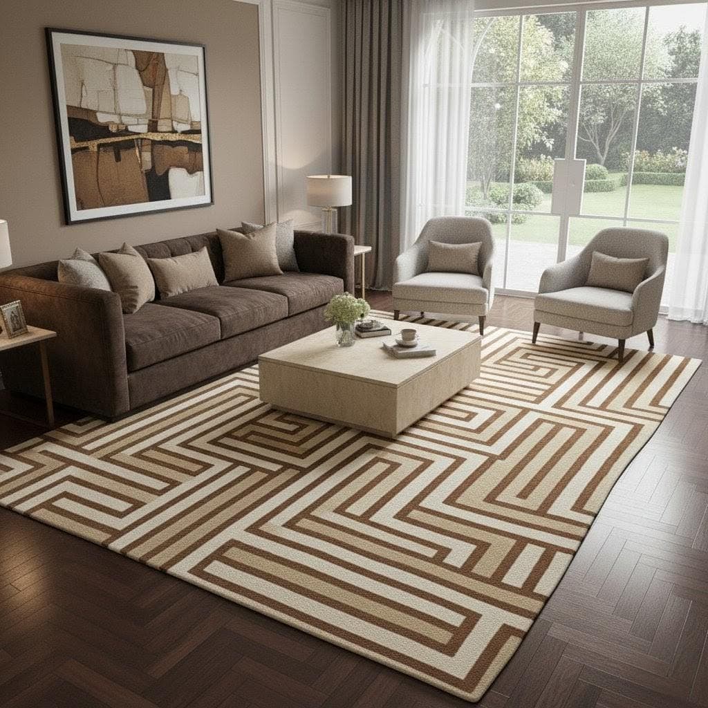 Luxury Geometric Area Rug, Brown Cream Maze Living Room Carpet, Modern Minimalist Home Decor