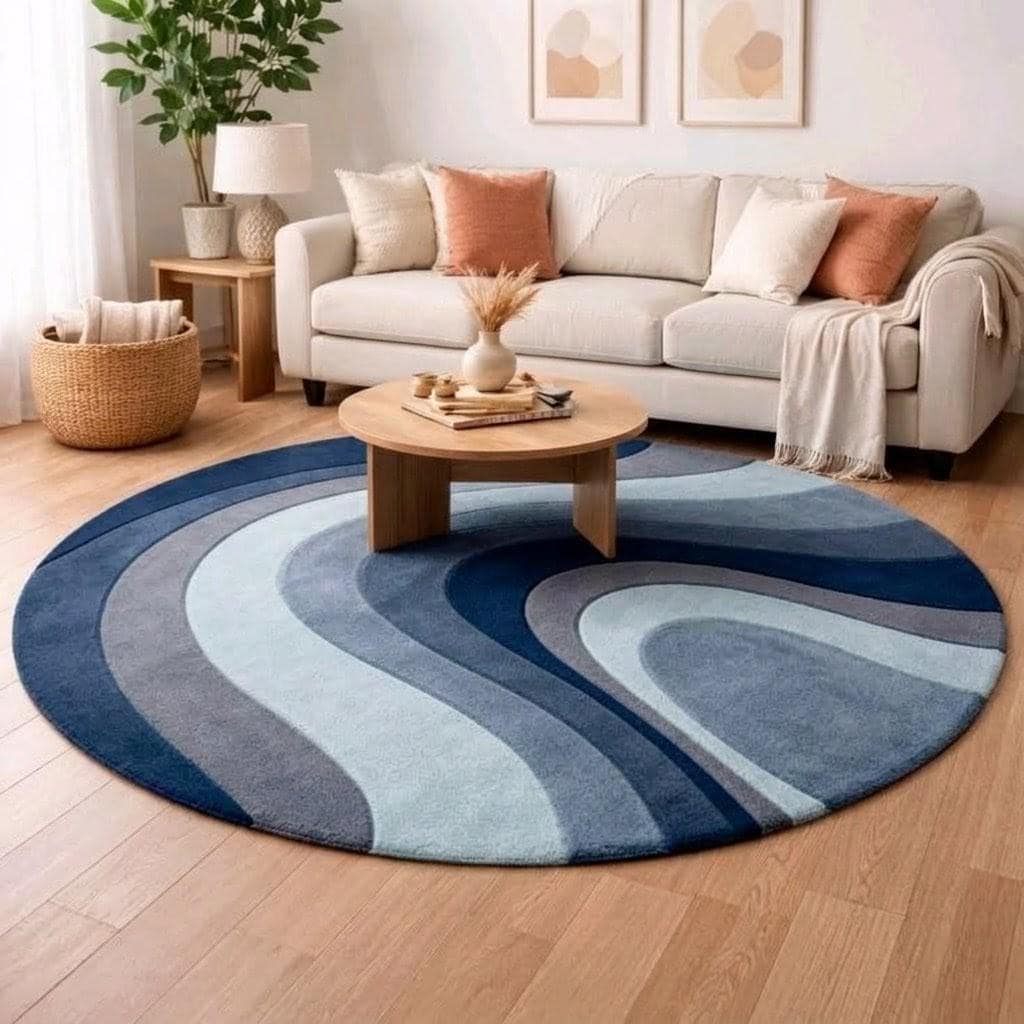 Hand-tufted Wool Round Rug, Abstract Blue Wave Pattern Carpet, Contemporary Living Room Décor