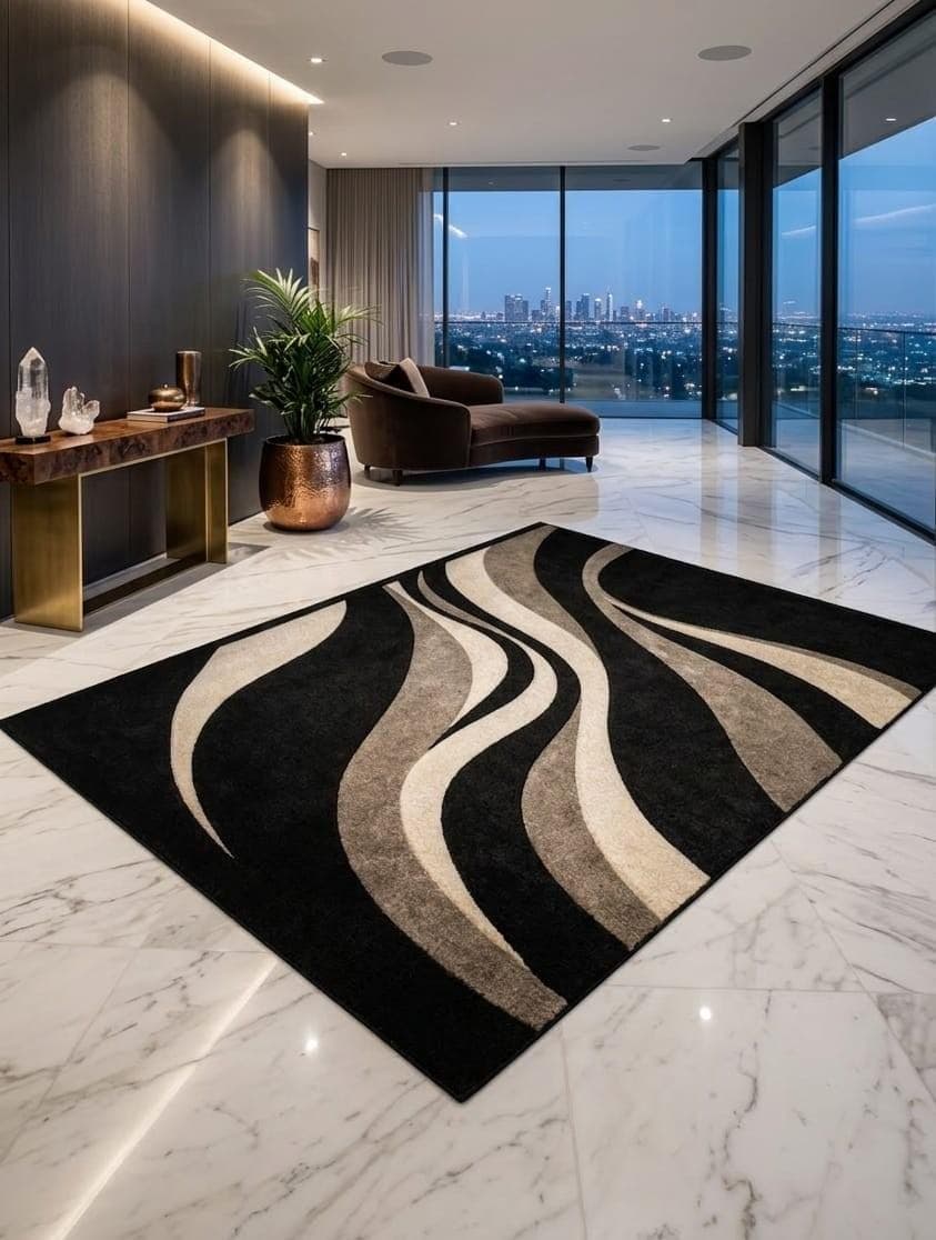 Modern Abstract Wave Area Rug, Black Beige Luxury Carpet, Contemporary Living Room Floor Rug