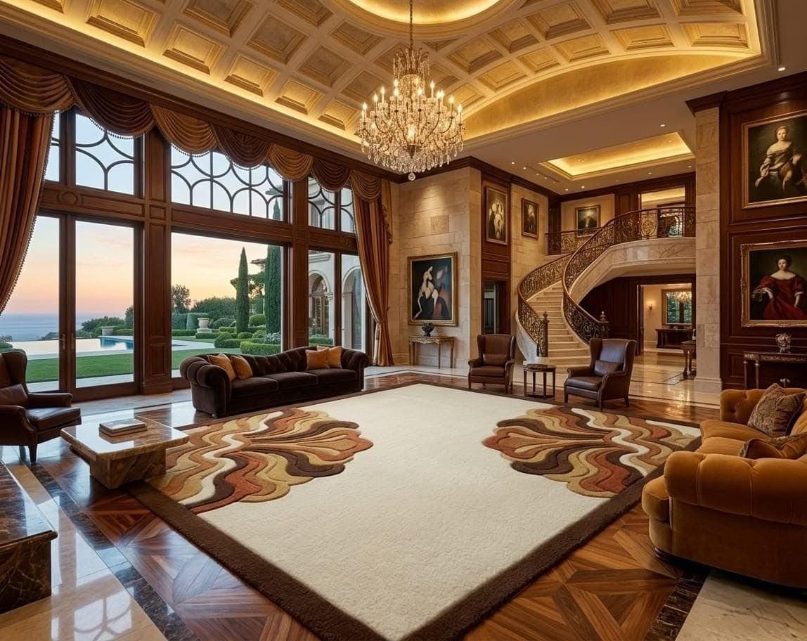 Luxury Abstract Wavy Area Rug, Modern Designer Beige Brown Floor Carpet