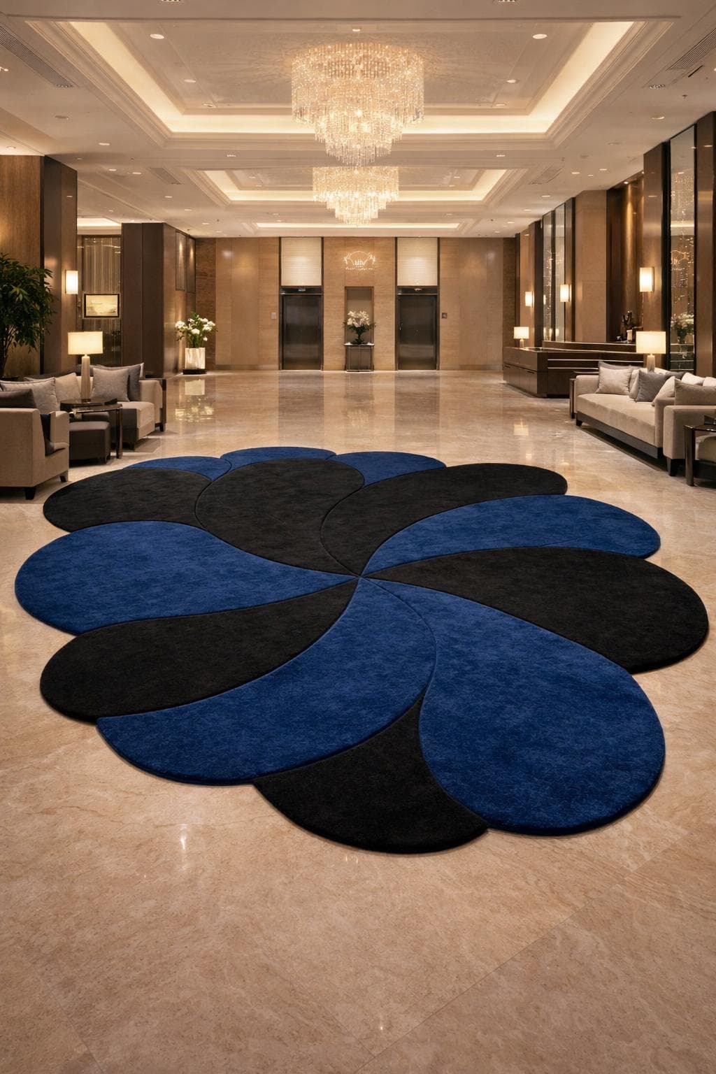 Modern Flower Petal Rug, Blue Black Abstract Area Carpet, Luxury Designer Statement Rug
