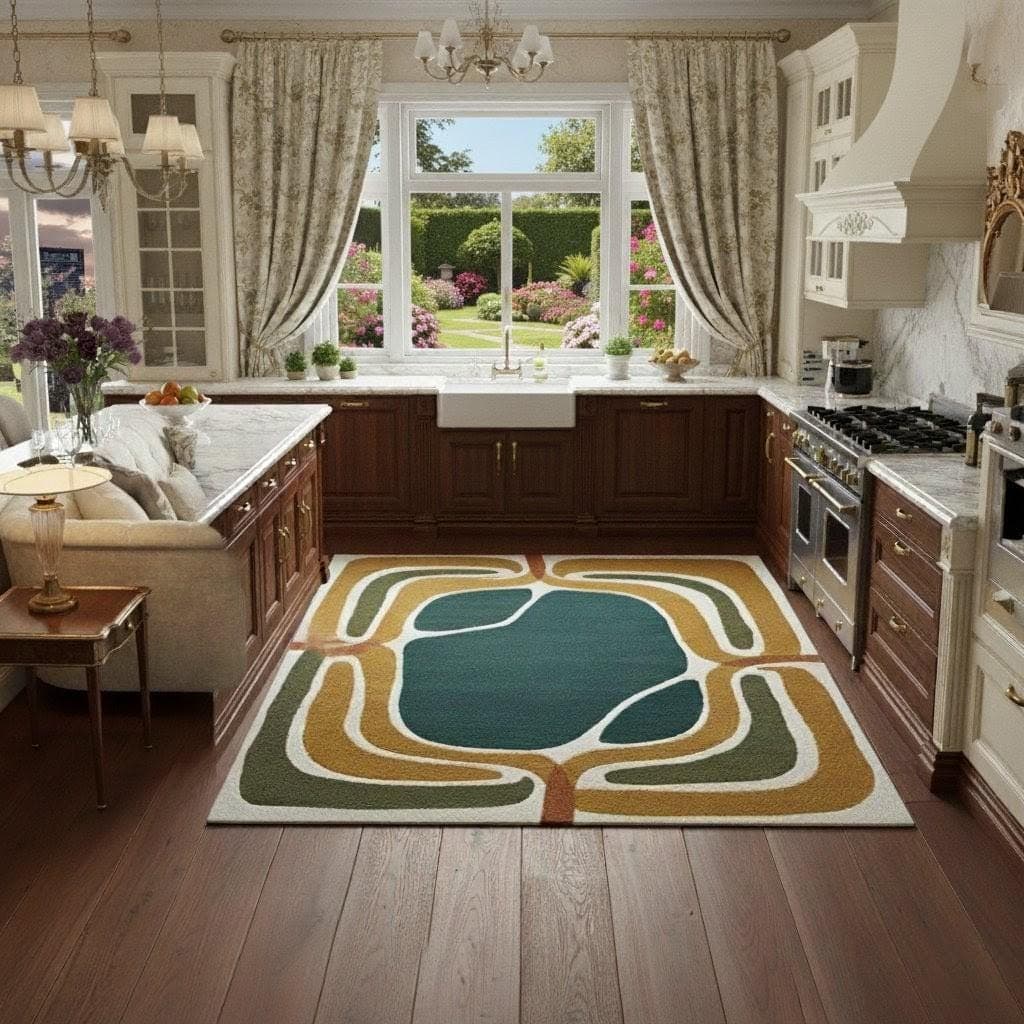 Modern Abstract Geometric Area Rug: Mid-Century Green Gold Carpet